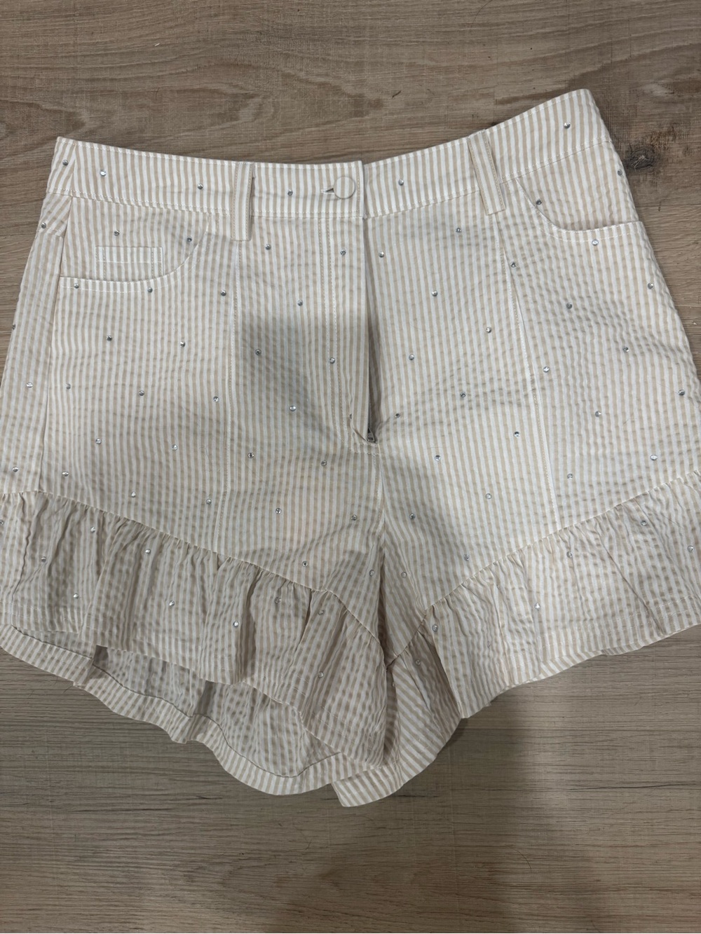 cinq a sept Ivory and Tan Striped Ruffle Hem Shorts with Rhinestones